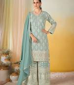 Sea green georgette sequins work semi stitched salwar suits suits size up to 42
