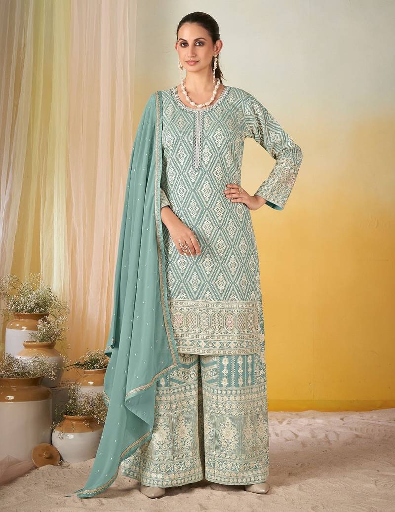 Sea green georgette sequins work semi stitched salwar suits suits size up to 42
