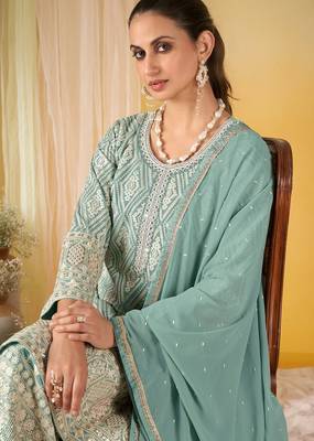 Sea green georgette sequins work semi stitched salwar suits suits size up to 42 2