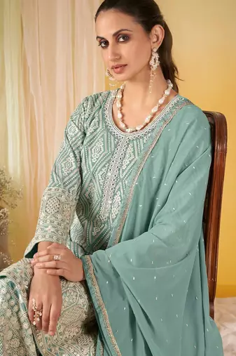 Sea green georgette sequins work semi stitched salwar suits suits size up to 42