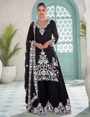 Black chiffon hand embroidery semi stitched salwar suits suits size up to 42 1