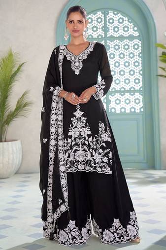 Black chiffon hand embroidery semi stitched salwar suits suits size up to 42