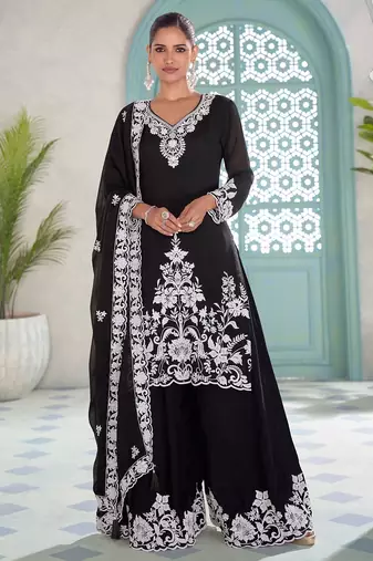 Black chiffon hand embroidery semi stitched salwar suits suits size up to 42