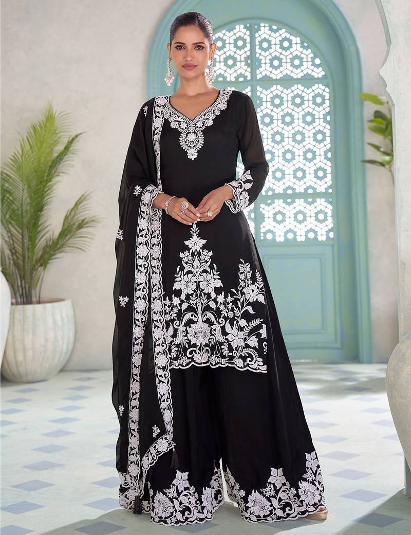 Black chiffon hand embroidery semi stitched salwar suits suits size up to 42