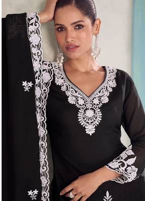Black chiffon hand embroidery semi stitched salwar suits suits size up to 42 2