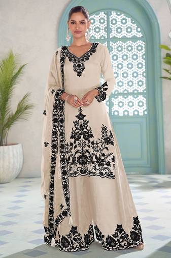 White chiffon hand embroidery semi stitched salwar suits suits size up to 42
