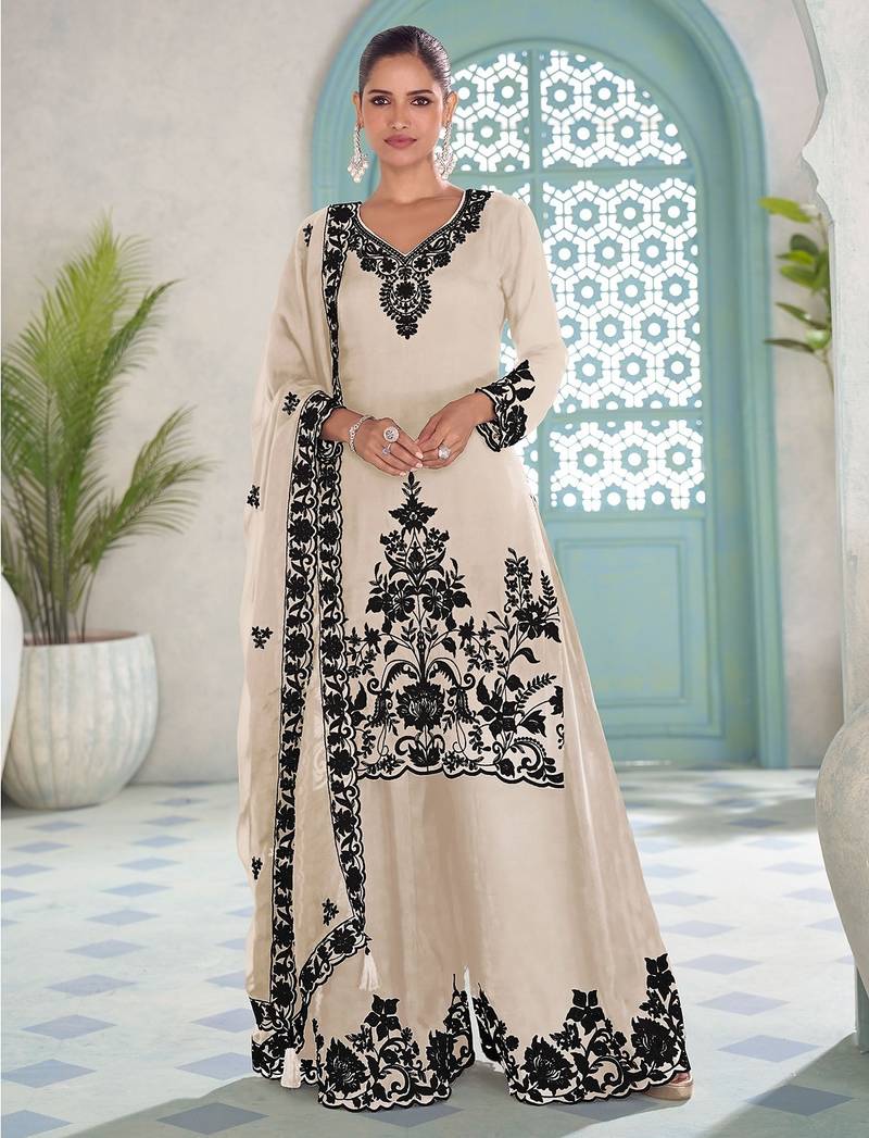 White chiffon hand embroidery semi stitched salwar suits suits size up to 42