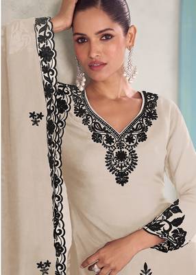 White chiffon hand embroidery semi stitched salwar suits suits size up to 42 2
