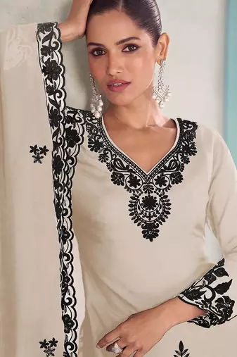 White chiffon hand embroidery semi stitched salwar suits suits size up to 42