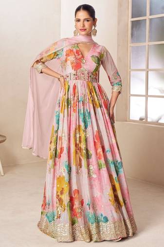 Multicolor chiffon sequins work semi stitched salwar suits suits size up to 42