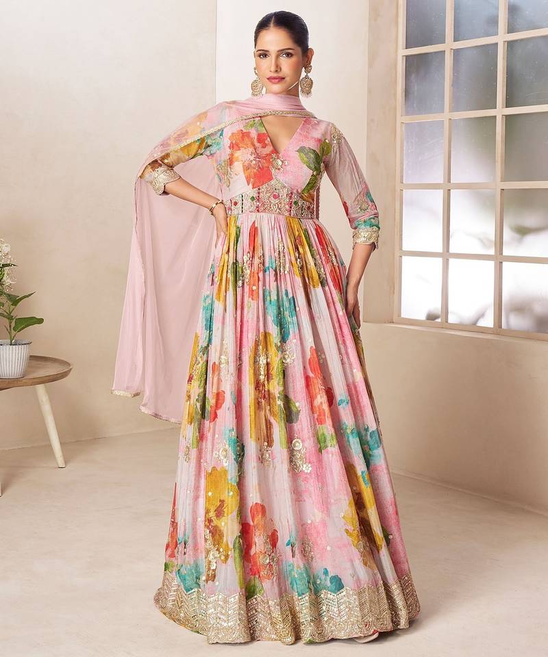 Multicolor chiffon sequins work semi stitched salwar suits suits size up to 42