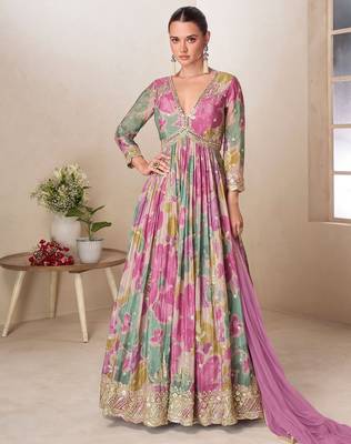 Multicolor chiffon sequins work semi stitched salwar suits suits size up to 42 1