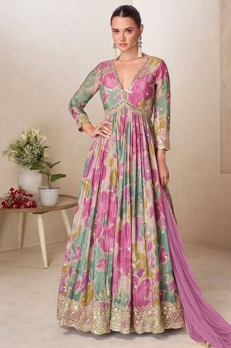 Multicolor chiffon sequins work semi stitched salwar suits suits size up to 42