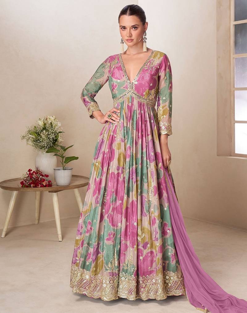 Multicolor chiffon sequins work semi stitched salwar suits suits size up to 42