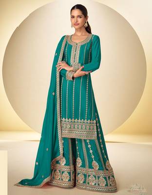 Teal blue chiffon sequins work semi stitched salwar suits suits size up to 42 1