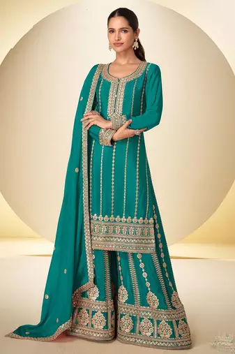 Teal blue chiffon sequins work semi stitched salwar suits suits size up to 42