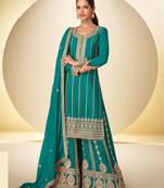 Teal blue chiffon sequins work semi stitched salwar suits suits size up to 42