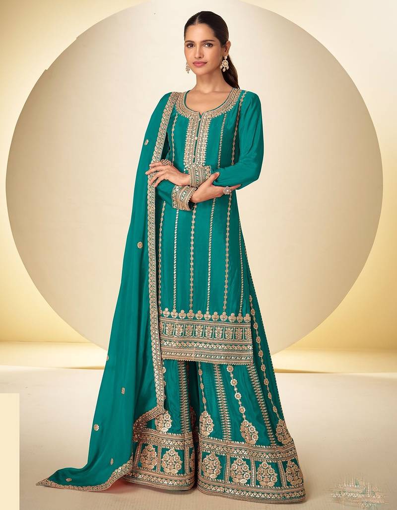 Teal blue chiffon sequins work semi stitched salwar suits suits size up to 42