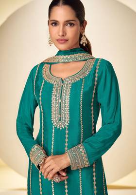 Teal blue chiffon sequins work semi stitched salwar suits suits size up to 42 2