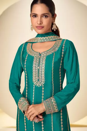 Teal blue chiffon sequins work semi stitched salwar suits suits size up to 42