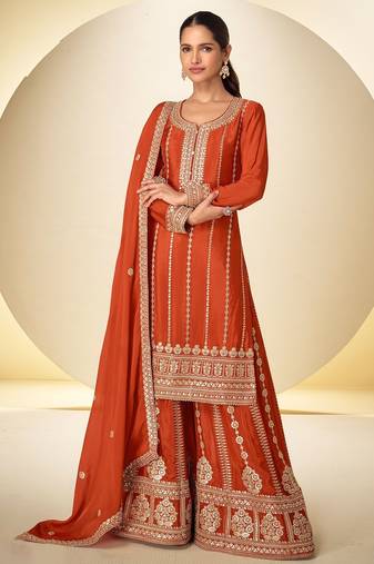 Orange chiffon sequins work semi stitched salwar suits suits size up to 42