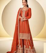 Orange chiffon sequins work semi stitched salwar suits suits size up to 42