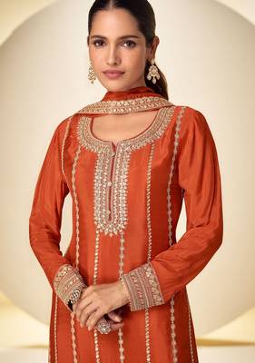 Orange chiffon sequins work semi stitched salwar suits suits size up to 42 2