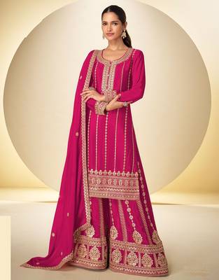 Pink chiffon sequins work semi stitched salwar suits suits size up to 42 1