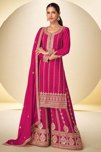 Pink chiffon sequins work semi stitched salwar suits suits size up to 42