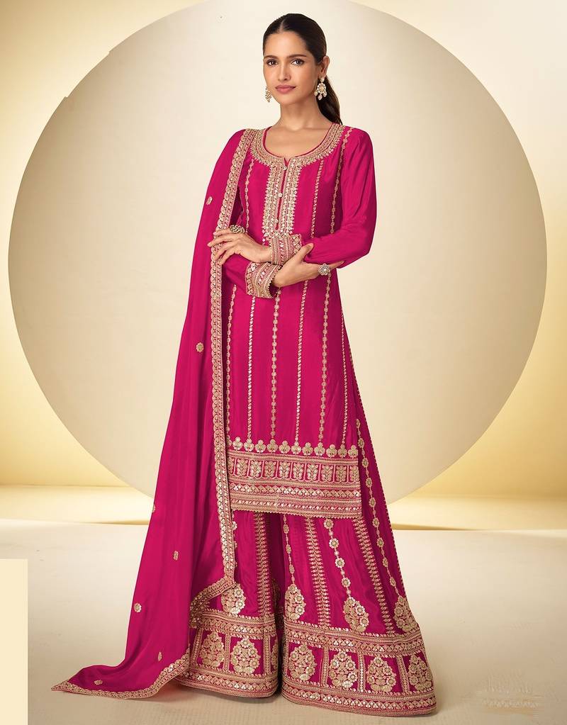 Pink chiffon sequins work semi stitched salwar suits suits size up to 42