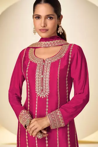 Pink chiffon sequins work semi stitched salwar suits suits size up to 42