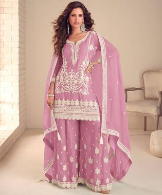 Pink chiffon hand embroidery semi stitched salwar suits suits size up to 42 1