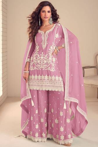 Pink chiffon hand embroidery semi stitched salwar suits suits size up to 42