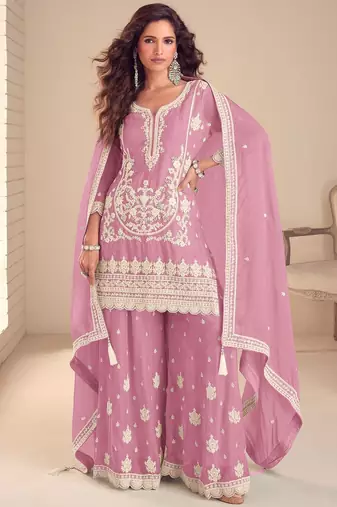 Pink chiffon hand embroidery semi stitched salwar suits suits size up to 42
