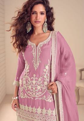 Pink chiffon hand embroidery semi stitched salwar suits suits size up to 42 2