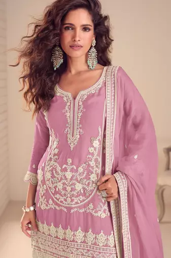 Pink chiffon hand embroidery semi stitched salwar suits suits size up to 42