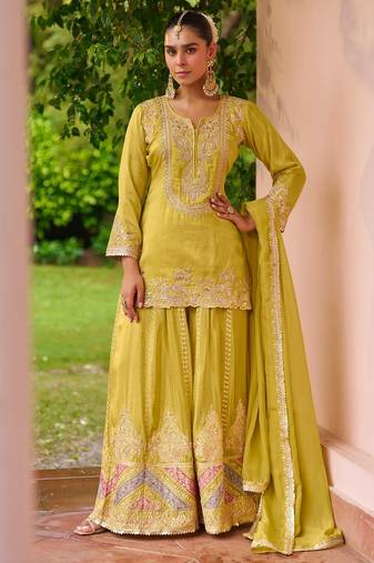 Yellow chiffon sequins work semi stitched salwar suits suits size up to 42