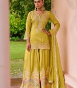 Yellow chiffon sequins work semi stitched salwar suits suits size up to 42
