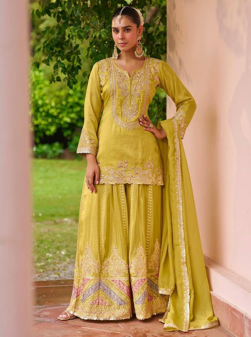 Yellow chiffon sequins work semi stitched salwar suits suits size up to 42