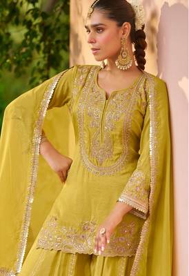 Yellow chiffon sequins work semi stitched salwar suits suits size up to 42 2