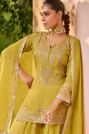 Yellow chiffon sequins work semi stitched salwar suits suits size up to 42