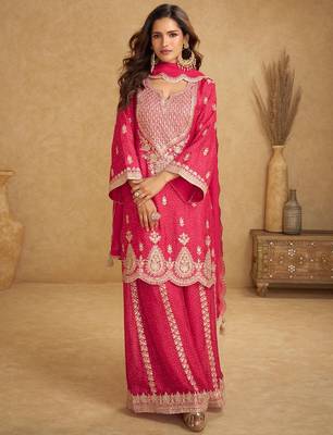 Pink chiffon sequins work semi stitched salwar suits suits size up to 42 1