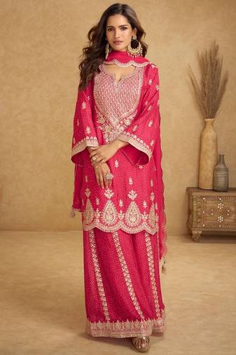 Pink chiffon sequins work semi stitched salwar suits suits size up to 42