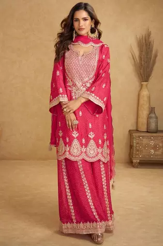 Pink chiffon sequins work semi stitched salwar suits suits size up to 42