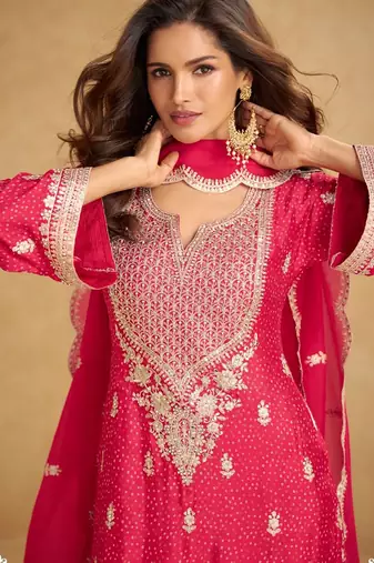 Pink chiffon sequins work semi stitched salwar suits suits size up to 42