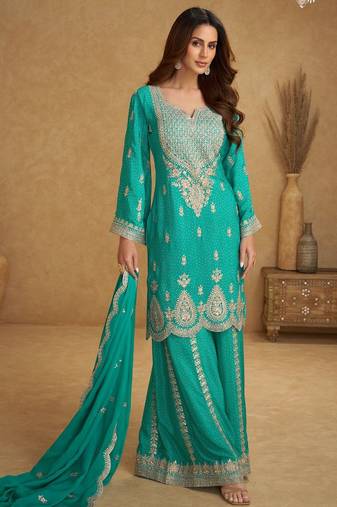 Blue chiffon sequins work semi stitched salwar suits suits size up to 42