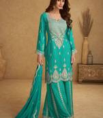 Blue chiffon sequins work semi stitched salwar suits suits size up to 42
