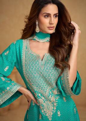 Blue chiffon sequins work semi stitched salwar suits suits size up to 42 2