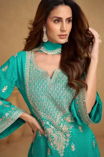 Blue chiffon sequins work semi stitched salwar suits suits size up to 42
