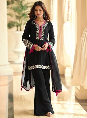 Black silk blend mirror work semi stitched salwar suits suits size up to 42 1